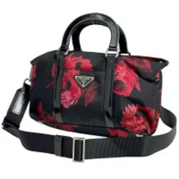 Prada Handbags - Prada Plate 2way Shoulder Bag Flower Nero Black Red